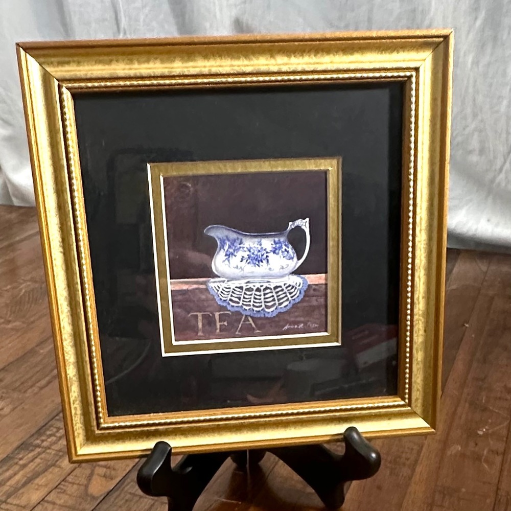 Vintage Arnie Fisk‎ CottageCore Tea Cafe Wall Art Gold Wood Frame Decor Signed